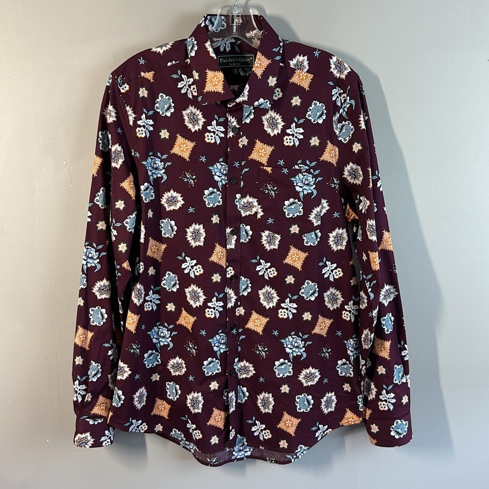 Paisley & Gray Men’s Slim Fit Sport Shirt Size M Floral Print Collared Bold